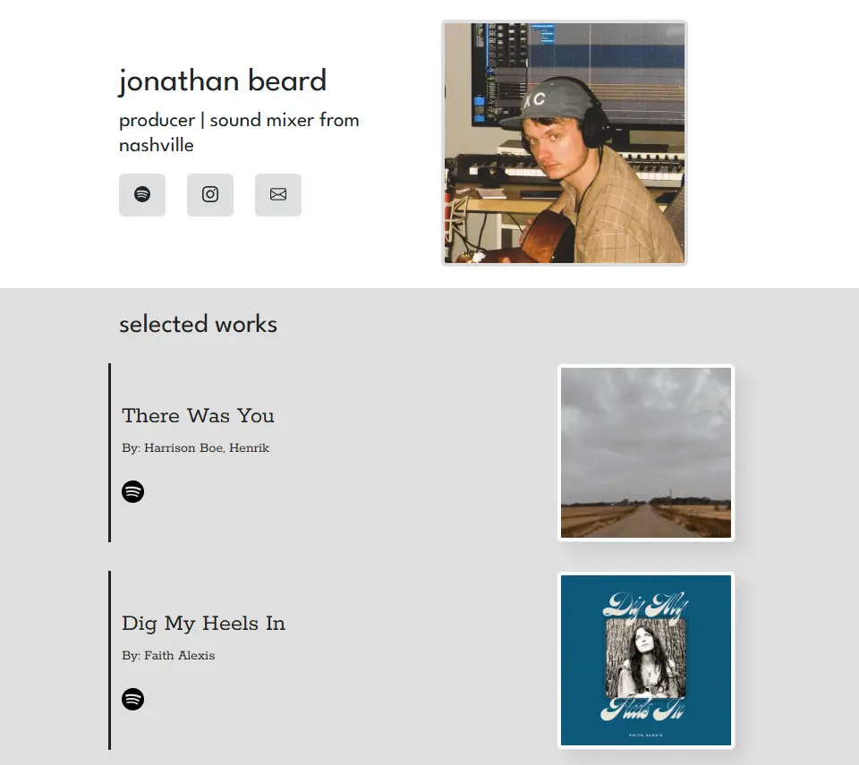 Screenshot of a portfolio website for an audio engineer
